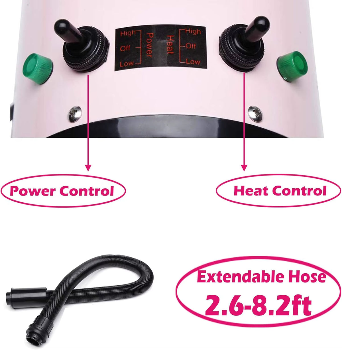 Professional Pet Hair Dryer - 2800W Low Noise Grooming Blaster with 3 Nozzles and Extendable Hose, Adjustable Temperature for Dogs and Cats