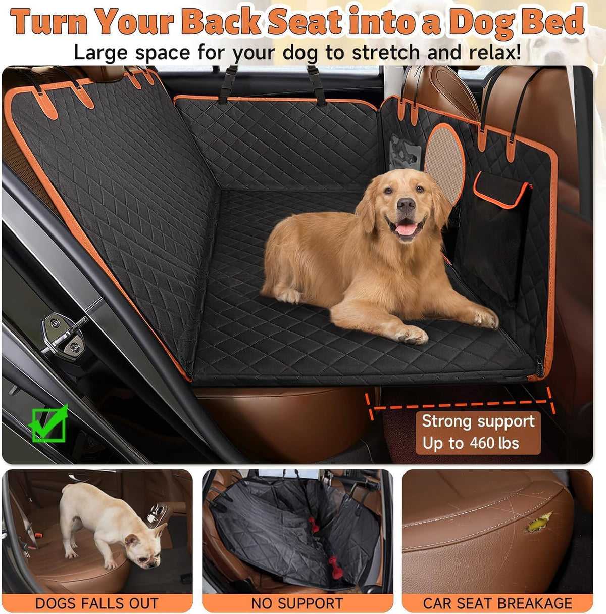Hard Bottom Back Seat Extender for Dogs, Dog Car Seat Cover for Back Seat, Holds 420Lbs, Durable Waterproof Pet Car Bed Dog Hammock for Suv/Car/Small Truck (Black)
